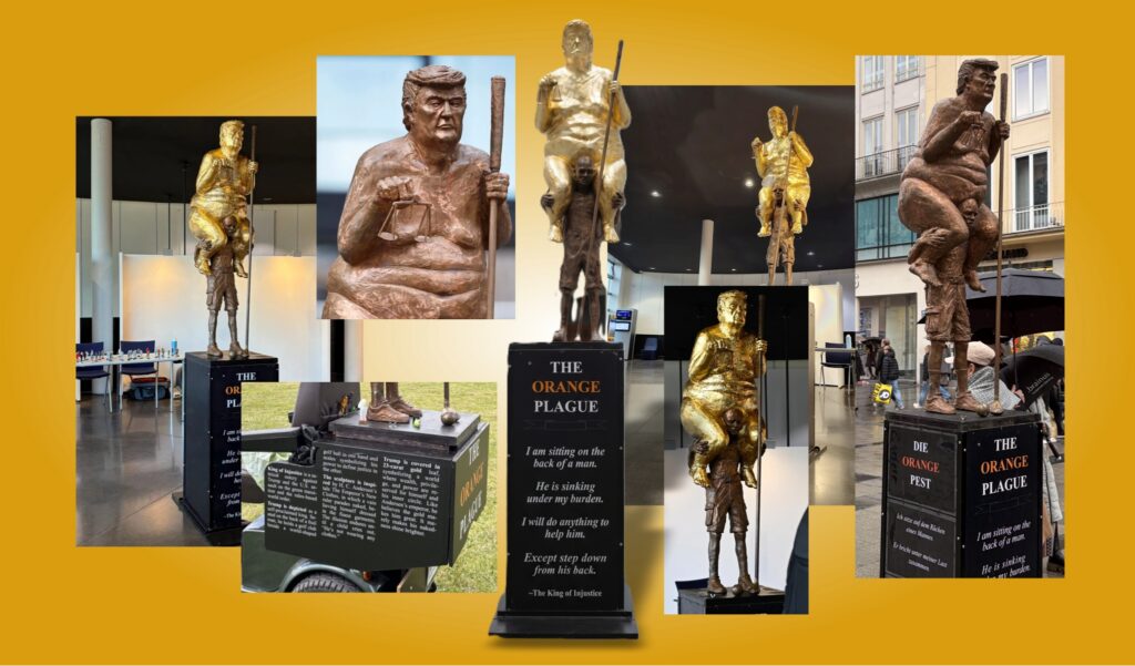 golden Trump statue European Parliament, naked Trump statue Strasbourg, Jens Galschiøt sculpture, King of Injustice statue, Per Clausen MEP exhibition, European Parliament art display, orange plague statue, golden trump statue, european parliament, strasbourg, jens galschiot, king of injustice, political satire, per clausen, cop30, world news, europe,