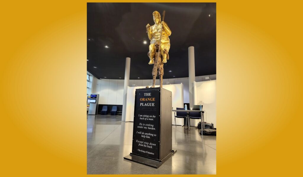 golden Trump statue European Parliament, naked Trump statue Strasbourg, Jens Galschiøt sculpture, King of Injustice statue, Per Clausen MEP exhibition, European Parliament art display, orange plague statue, golden trump statue, european parliament, strasbourg, jens galschiot, king of injustice, political satire, per clausen, cop30, world news, europe,