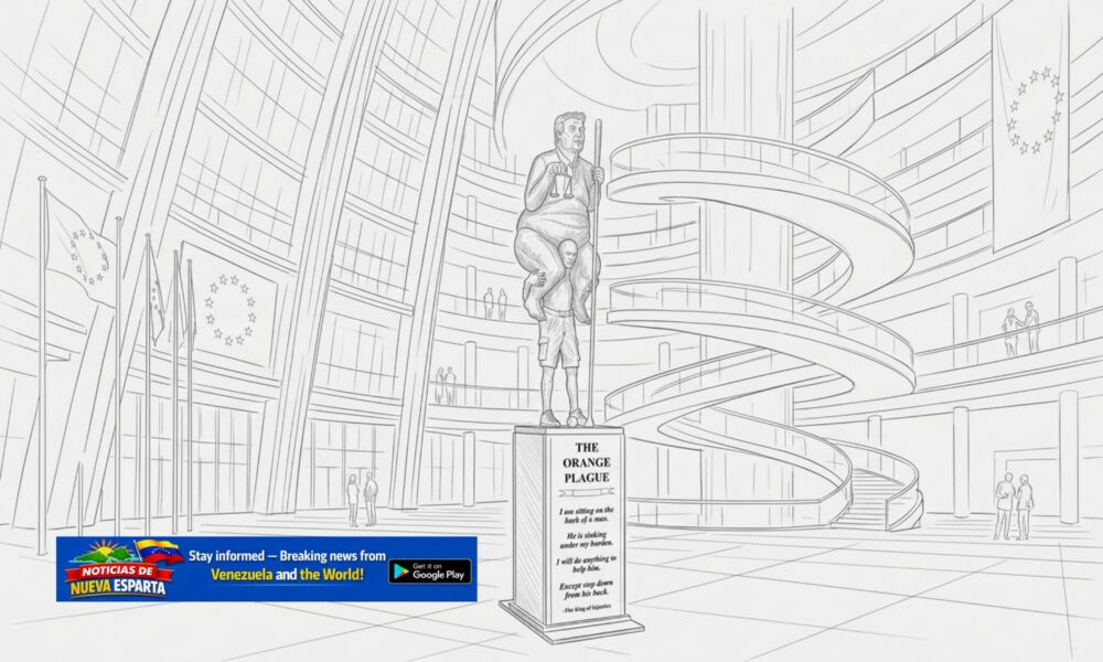 Golden satirical sculpture "The Orange Plague" by Jens Galschiøt on display inside the European Parliament in Strasbourg.