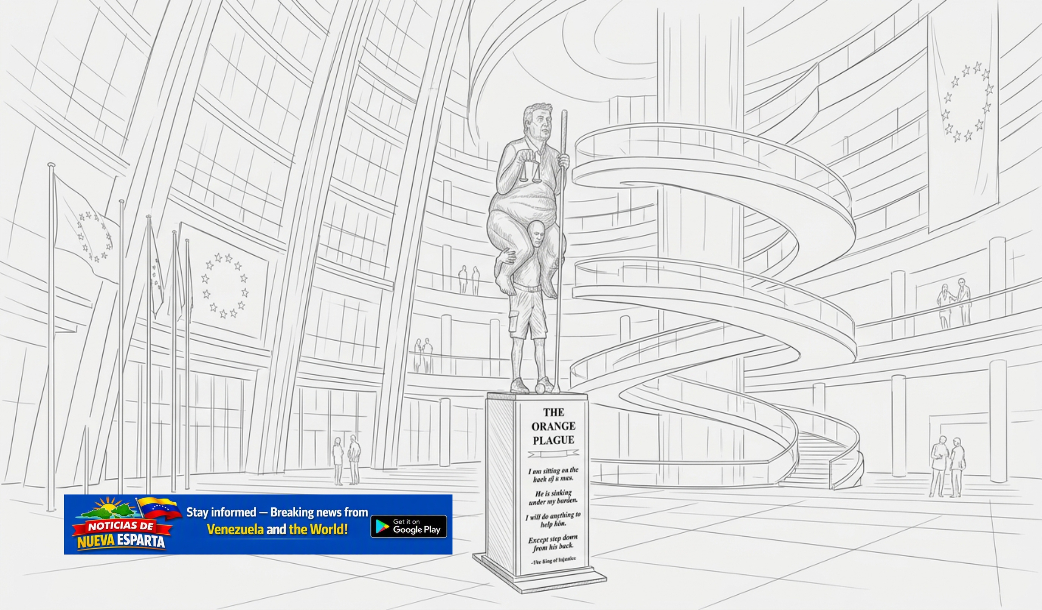 Golden satirical sculpture "The Orange Plague" by Jens Galschiøt on display inside the European Parliament in Strasbourg.